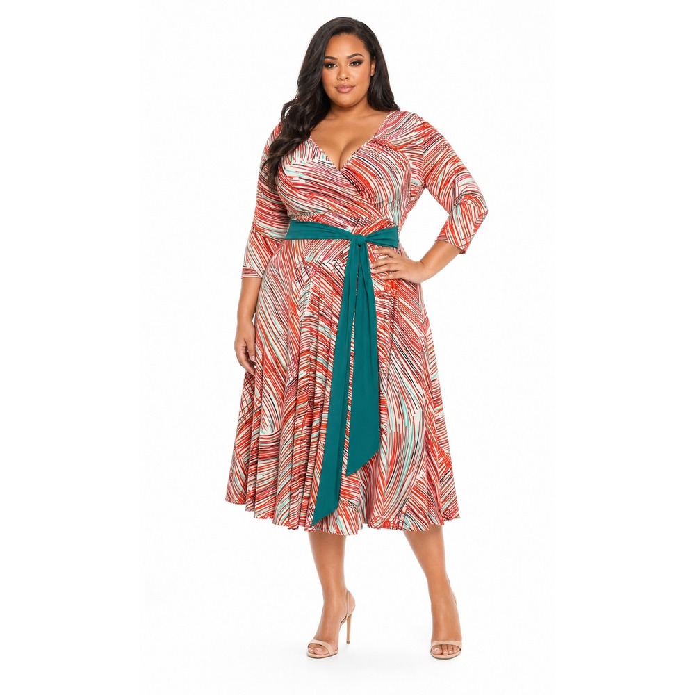 IGIGI Yuliya Raquel Womens Plus 14/16 Faux Wrap‎ Dress Abstract Red Teal New